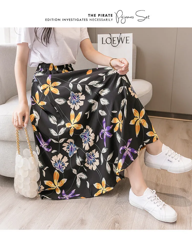 Summer Floral Skirt Women High Waist Chiffon Drape Slim Look Long Hip Flattering A-Line Fairy-Look Skirt