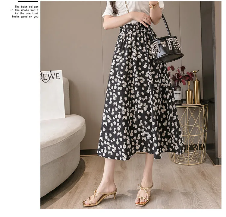 Summer Floral Skirt Women High Waist Chiffon Drape Slim Look Long Hip Flattering A-Line Fairy-Look Skirt