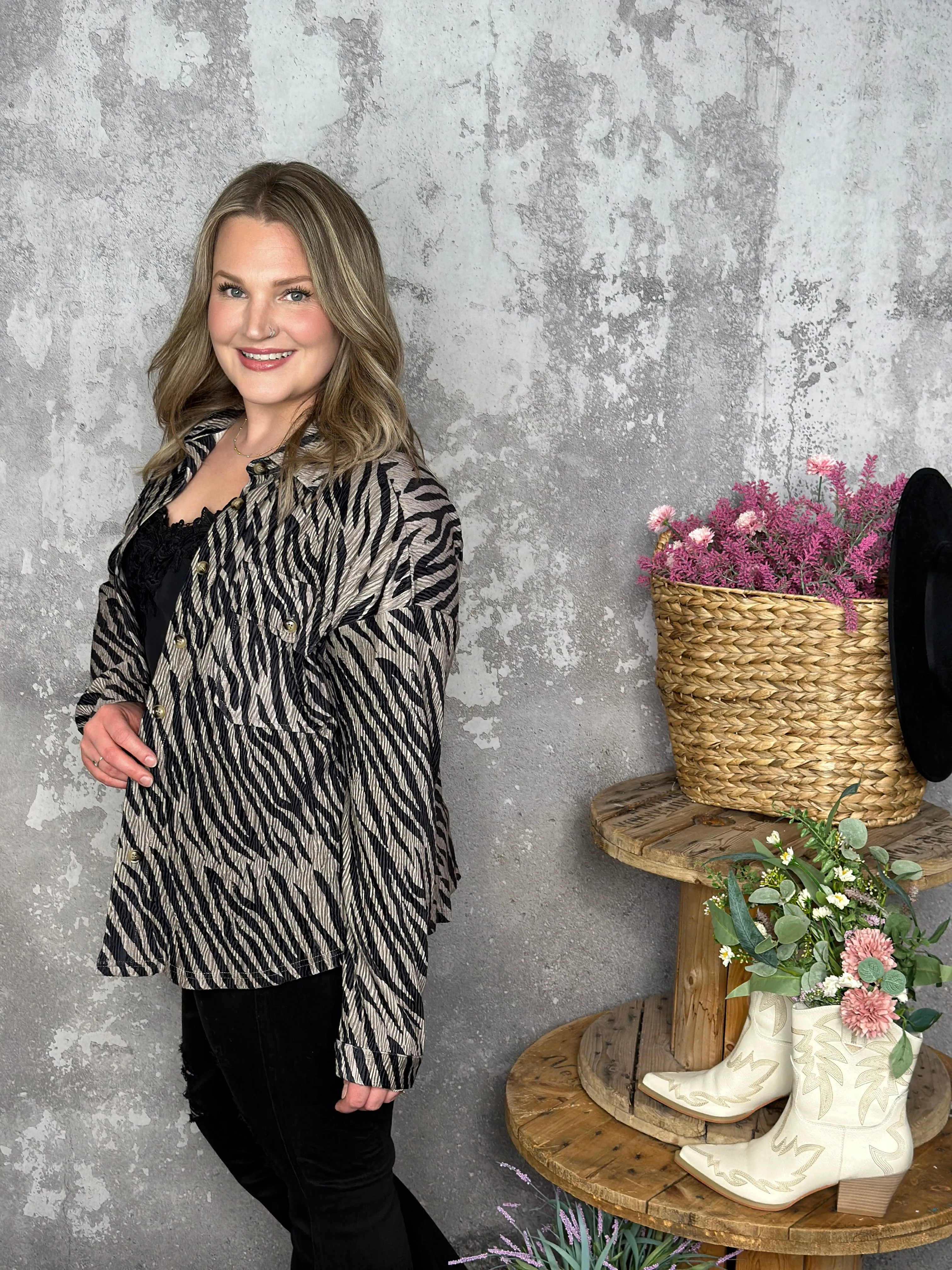 Textured Zebra Button Up Jacket